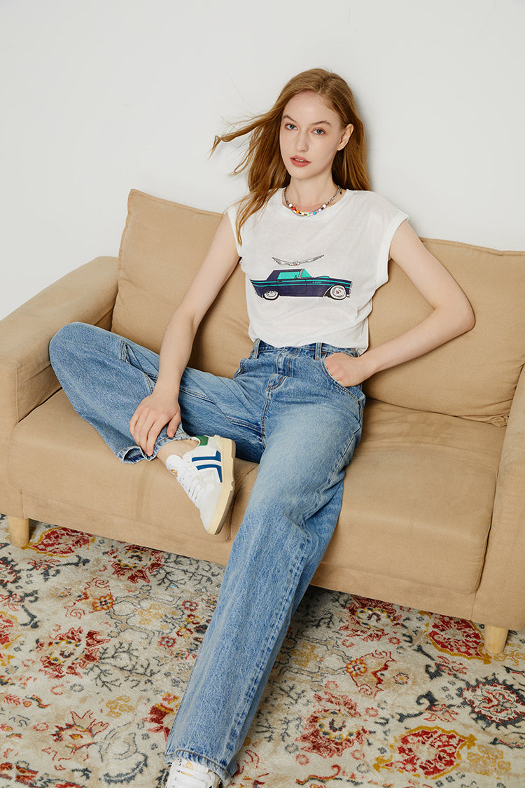 Light blue 80's utility loose jeans by Hey Joanie with a relaxed fit and classic denim style.