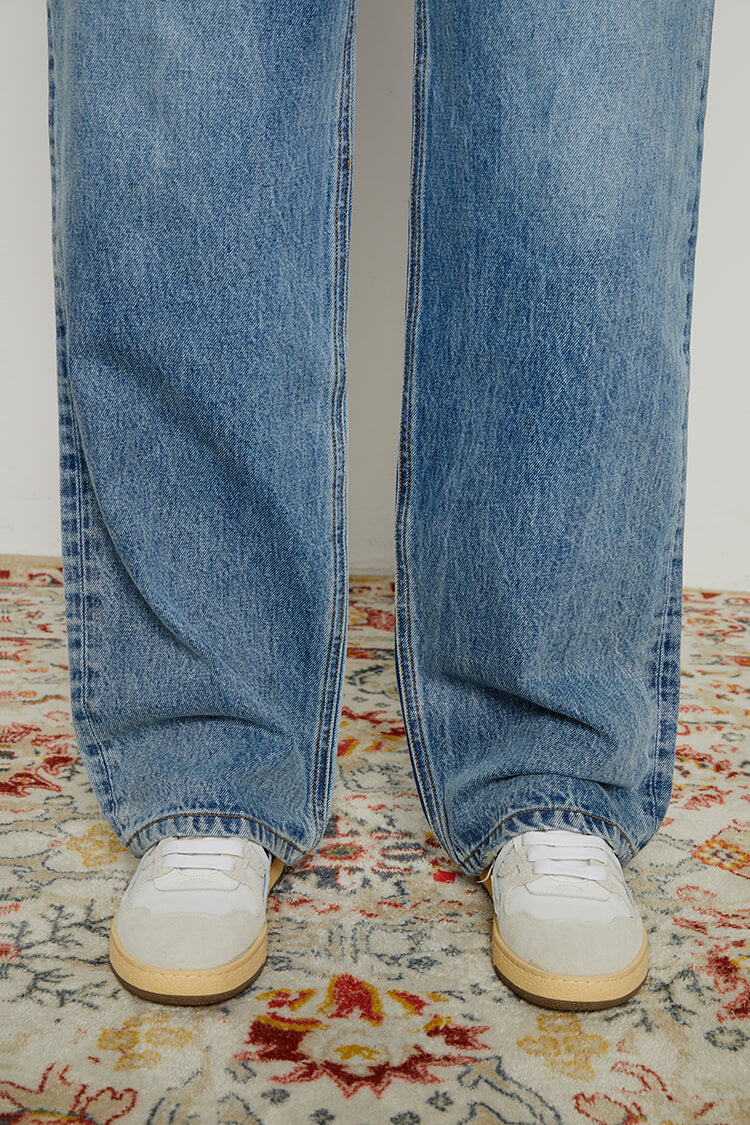 Hey Joanie 80's Utility Loose Jeans in denim, showcasing high-waisted, relaxed fit with classic rivets and belt loops.