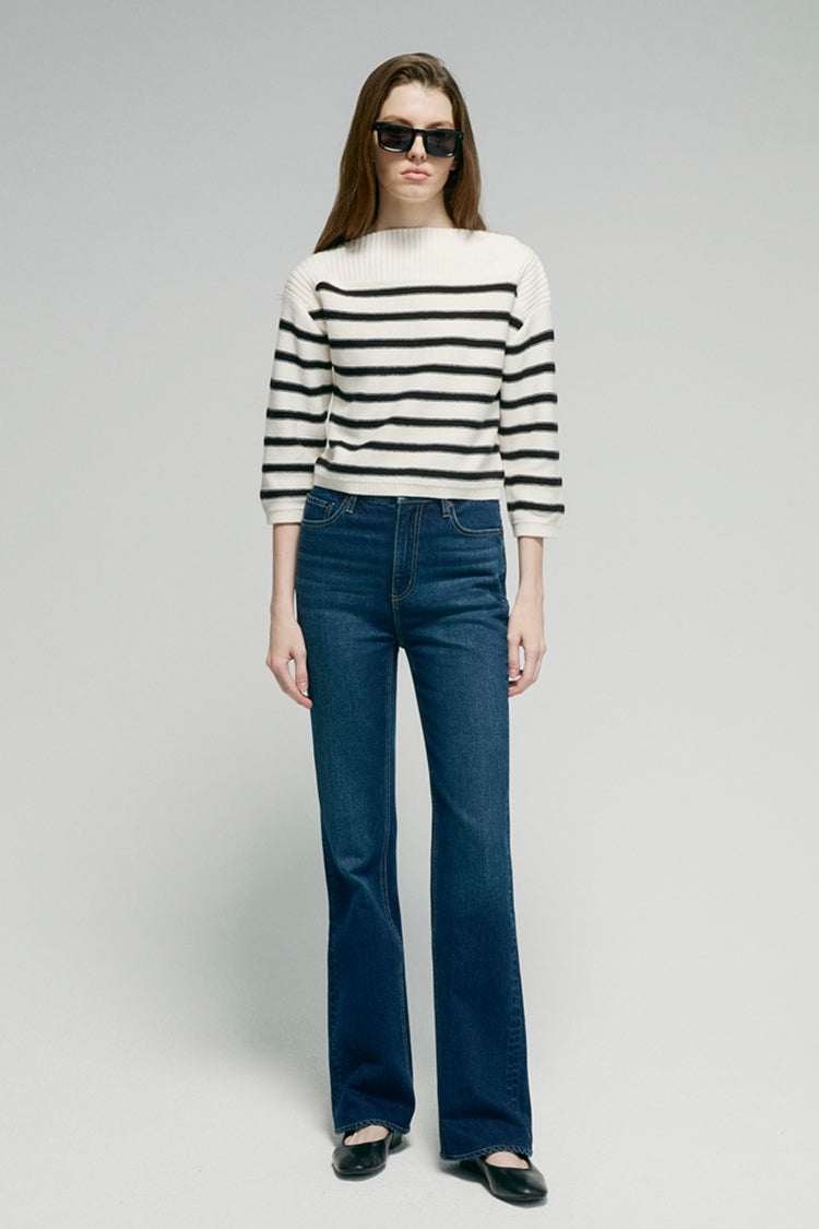 Hey Joanie Barbara High Rise Bootcut Jeans in classic denim, showcasing fitted waist and flared leg style.