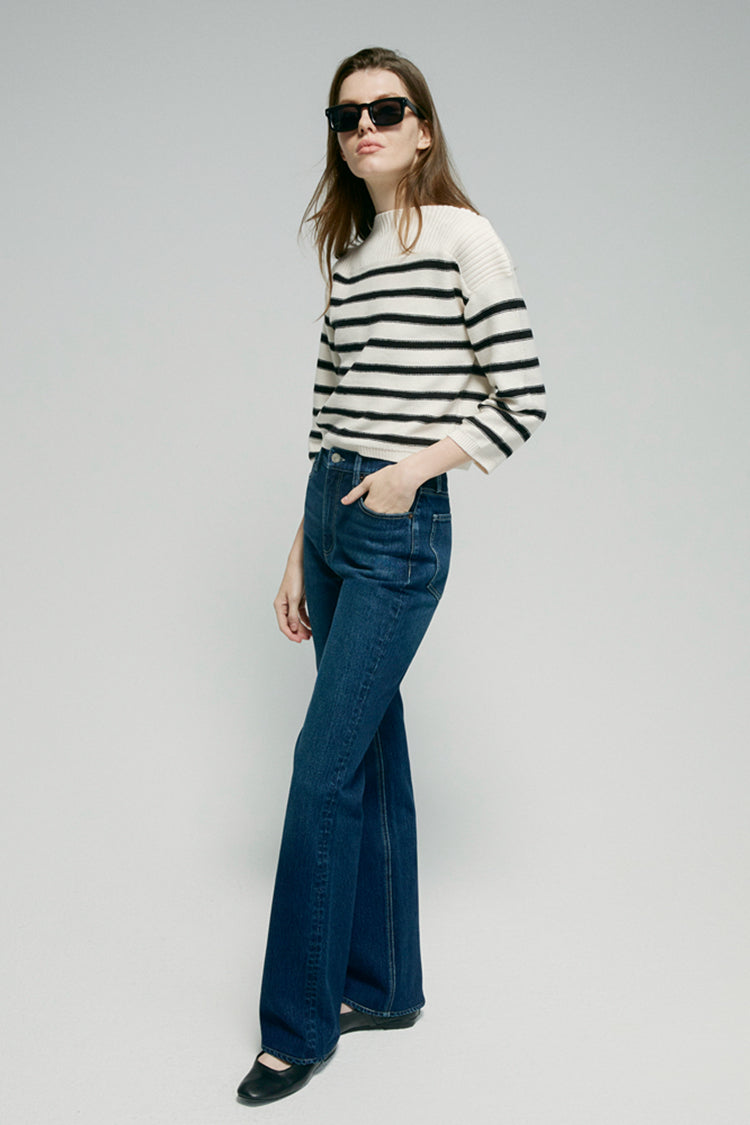 Hey Joanie Barbara high rise bootcut jeans in dark wash, front view showing classic pocket details and flattering fit.