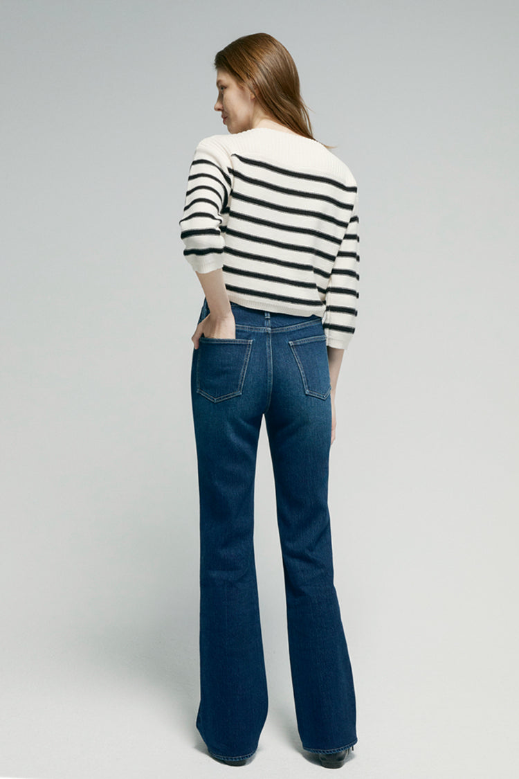 Hey Joanie Barbara high rise bootcut jeans in denim, front view showing classic five-pocket design and fitted waist.