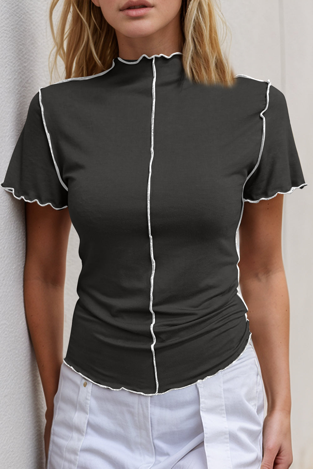 ShopBasicbae Basic Bae contrast trim mock neck short sleeve T-shirt, black top with white trim, casual and stylish women’s clothing.