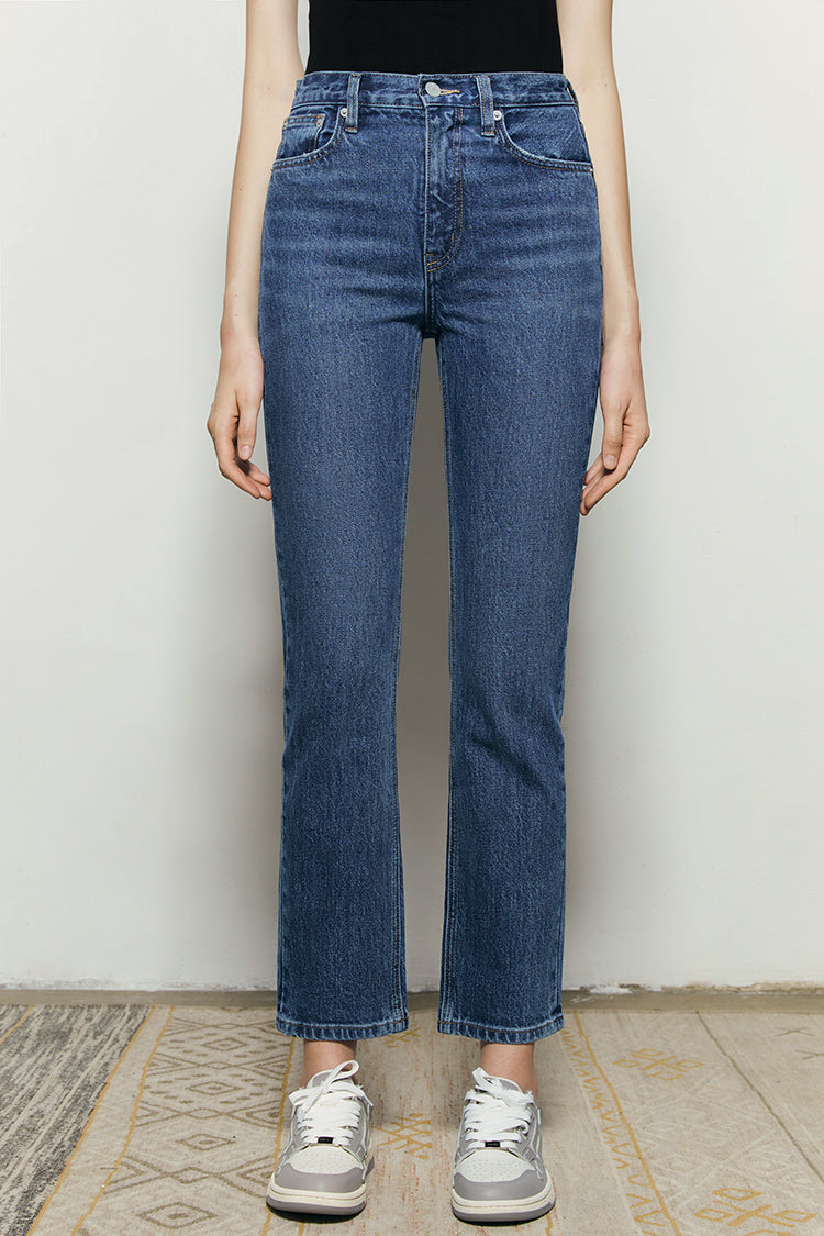 Hey Joanie Activity Grrrl high rise kick crop jeans, denim with distressed details and a flattering fit, front view.