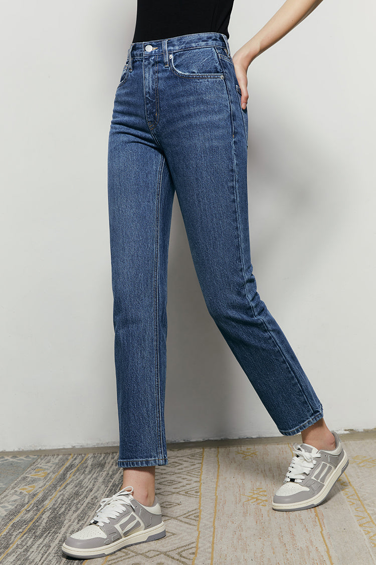 Hey Joanie Activity Grrrl high rise kick crop jeans, front view showing distressed denim and cropped ankle length.
