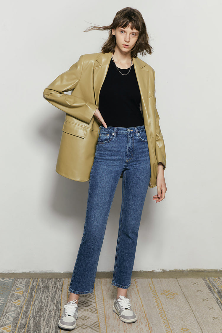 Hey Joanie Activity Grrrl high rise kick crop jeans in denim, showcasing the stylish fit and distressed details.