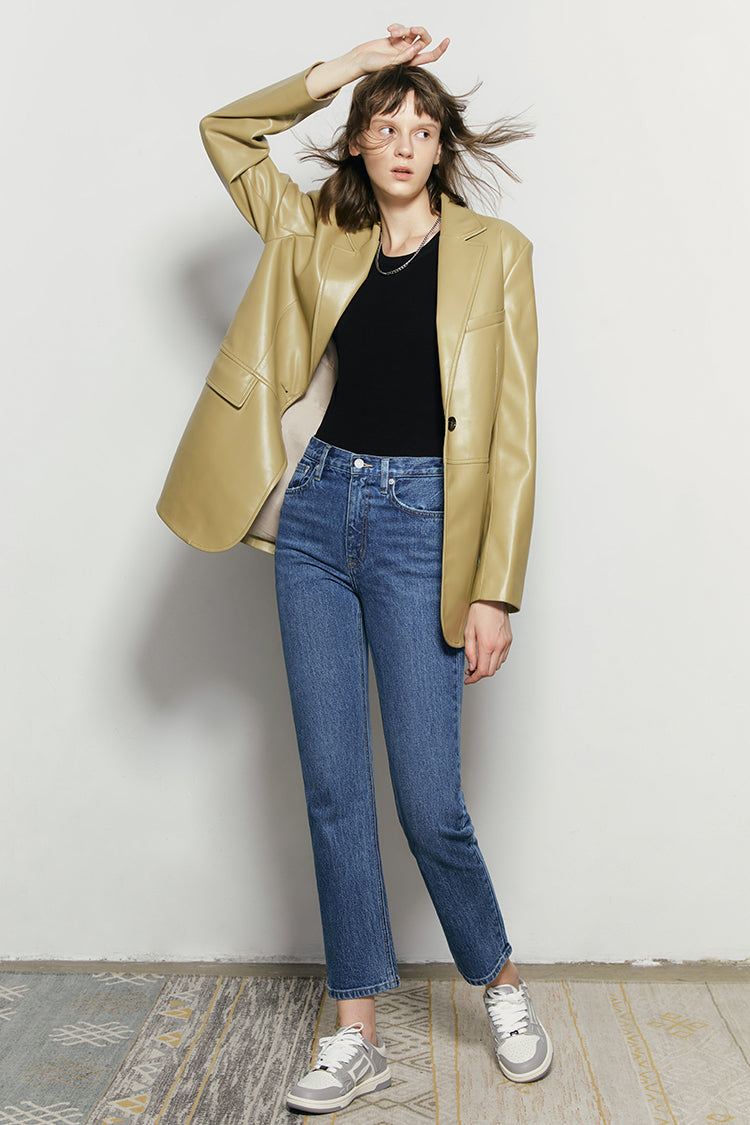 Hey Joanie Activity Grrrl high rise kick crop jeans, front view showing distressed denim, high waist, and cropped length.