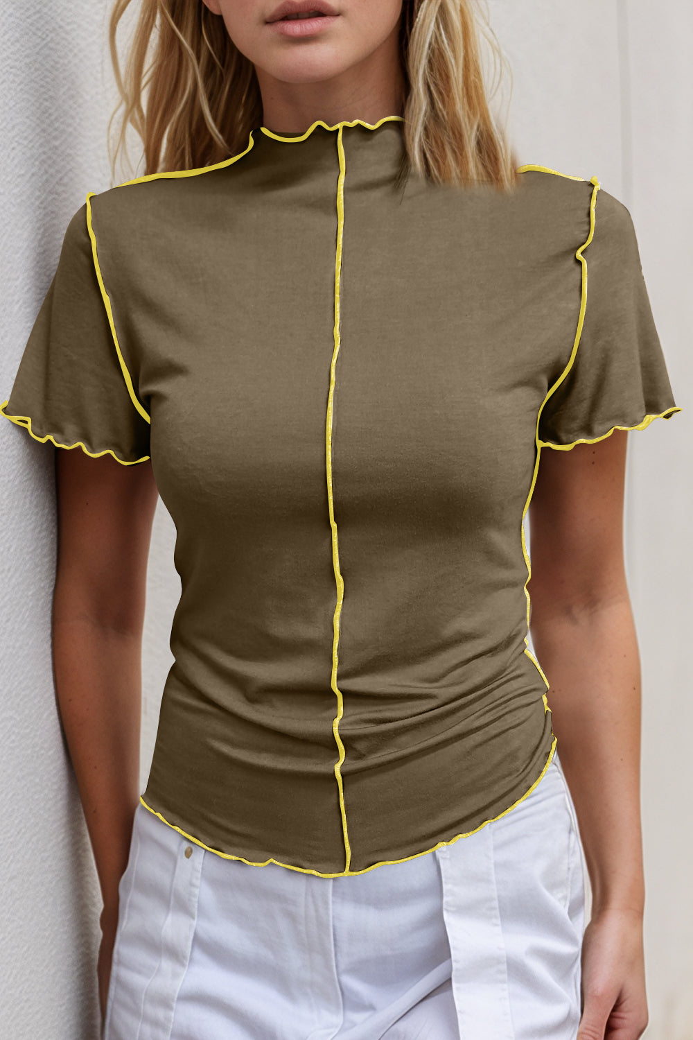 ShopBasicbae contrast trim mock neck short sleeve T-shirt, basic Bae tops in soft fabric with stylish design and contrast details.