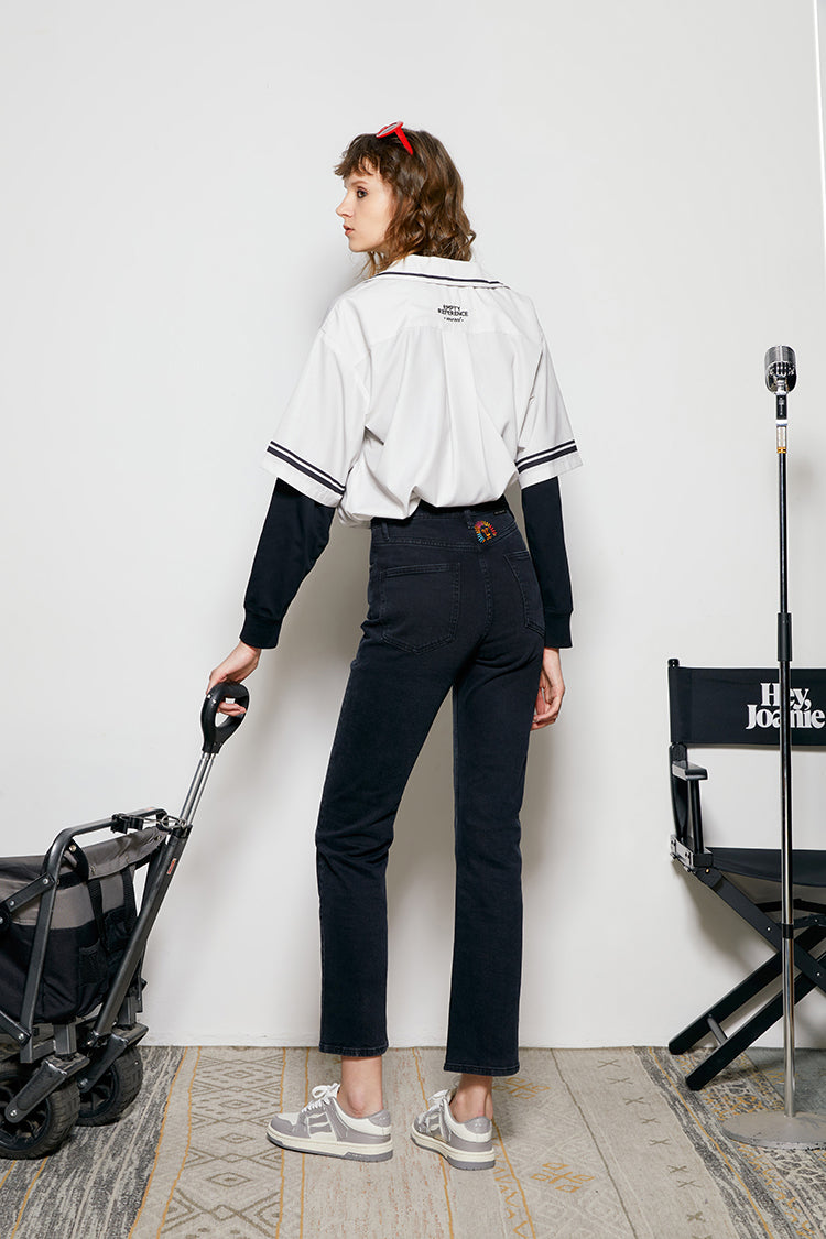 Hey Joanie Activity Grrrl high-rise kick crop jeans displayed on a model, showcasing trendy denim with a cropped fit and high waist.