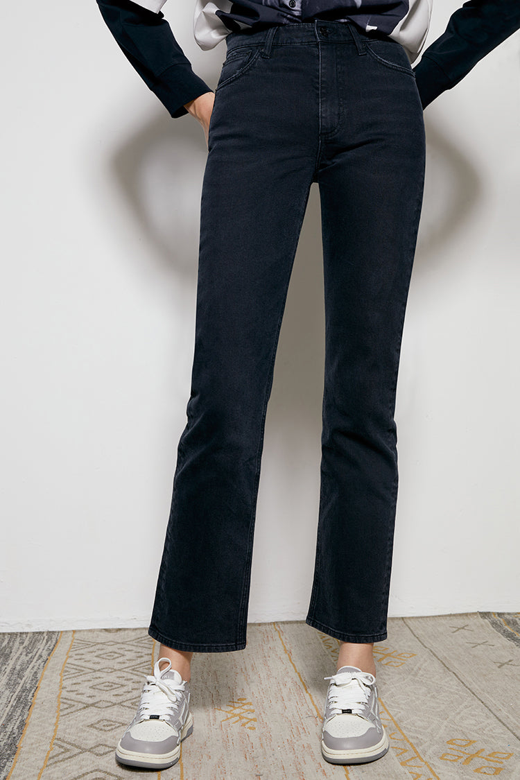 Hey Joanie Activity Grrrl high rise kick crop jeans, front view showing distressed details and cropped length.