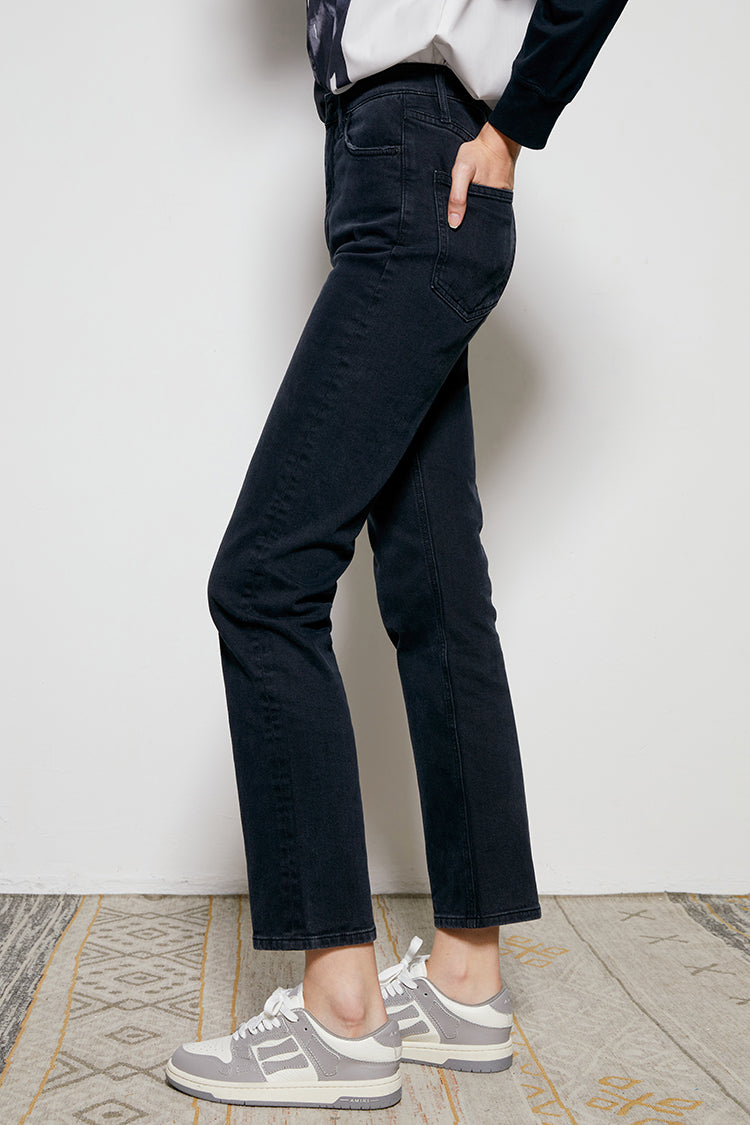 Hey Joanie Activity Grrrl high rise kick crop jeans showing distressed denim and cropped style with high waist and relaxed fit.
