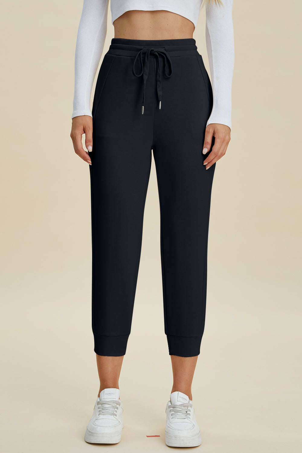 Basic Bae high waist cropped scuba pants with drawstring, full size, lightweight bottoms in black fabric, stylish and comfortable.