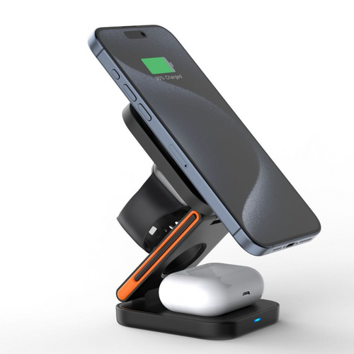 C&M Treasures 3-in-1 folding wireless charger with phone, watch, and earbud charging pads in a compact design.