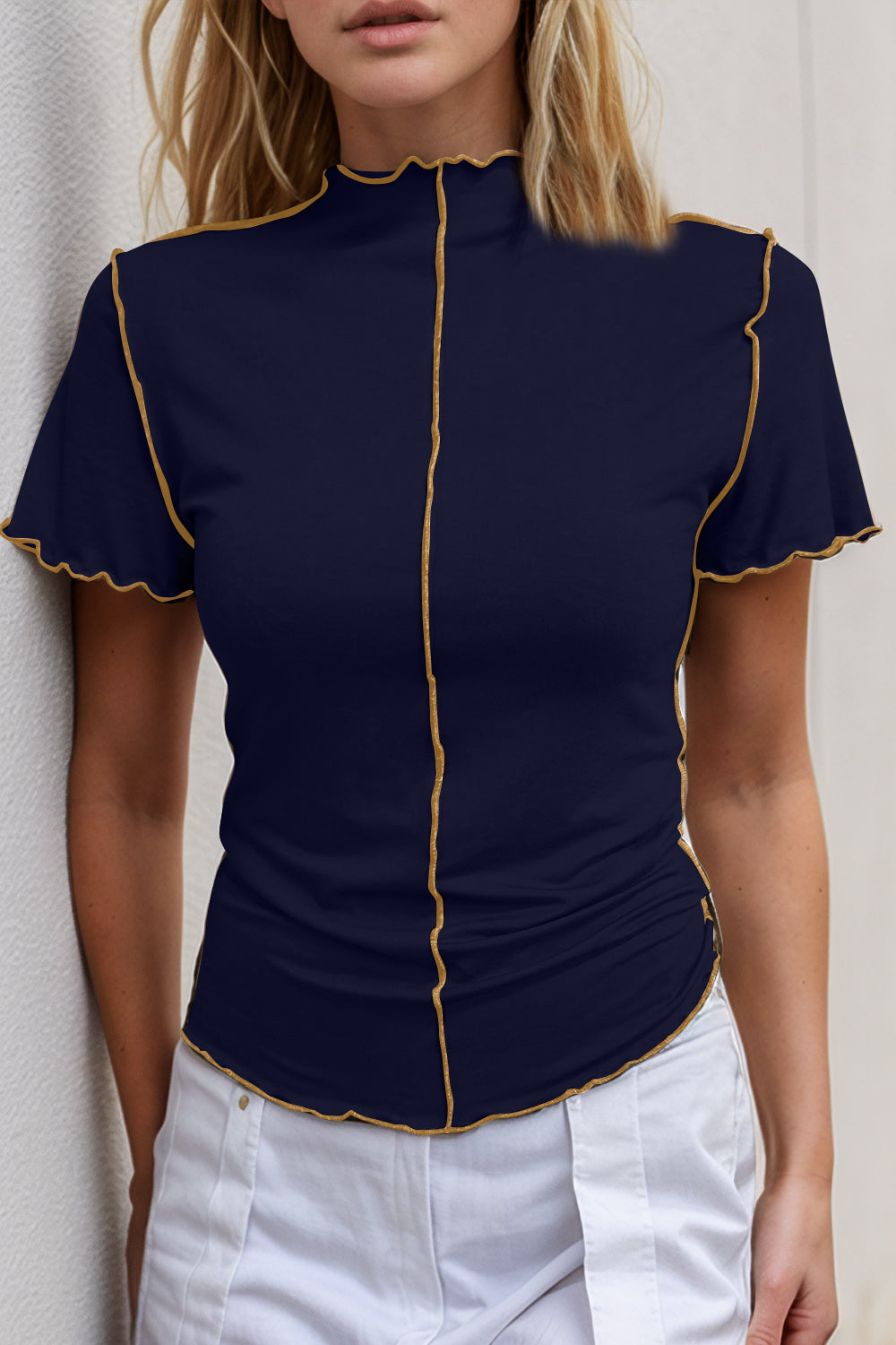 ShopBasicbae Basic Bae contrast trim mock neck short sleeve T-shirt, casual tops with stylish design and comfortable fit.