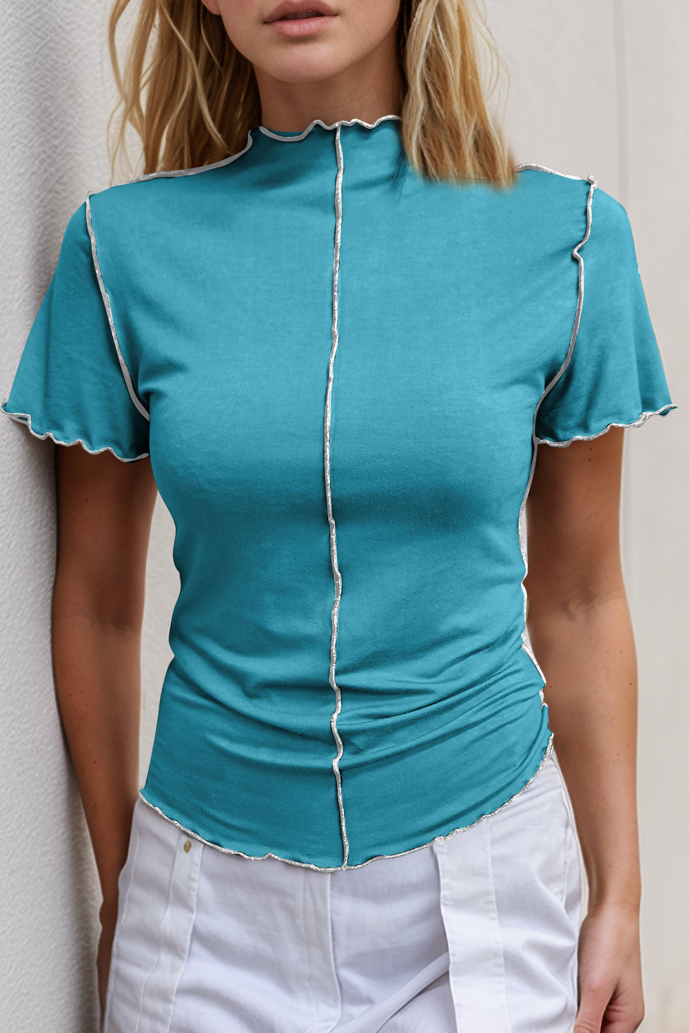 ShopBasicbae Basic Bae contrast trim mock neck short sleeve T-shirt, stylish casual top with contrasting trim and mock neck design.