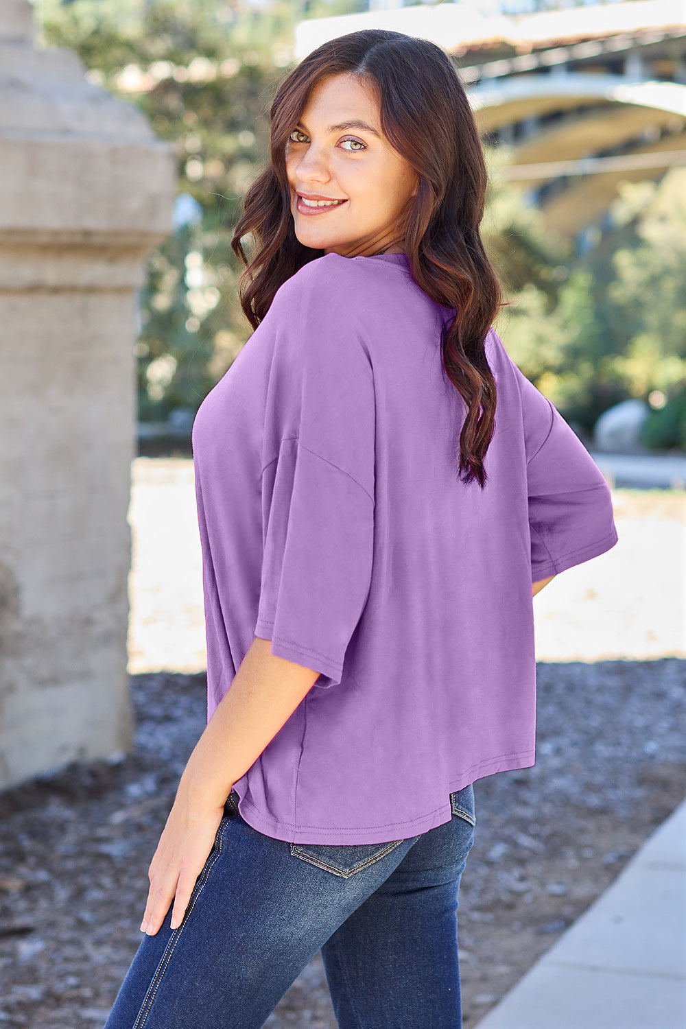 Basic Bae bamboo full-size round neck drop shoulder T-shirt in natural color, casual tops for women with relaxed fit.