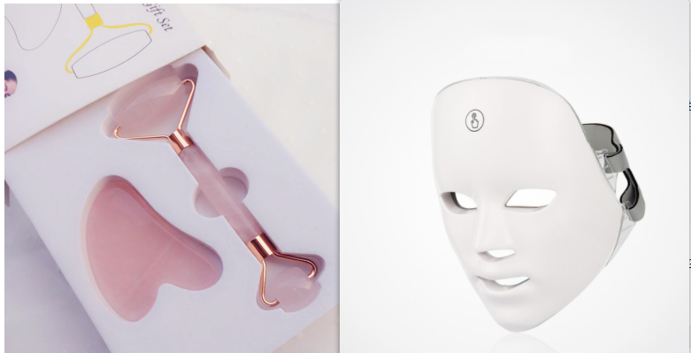 C&M Treasures LED therapy face mask for skin rejuvenation, showing a person wearing the red and blue light mask on their face