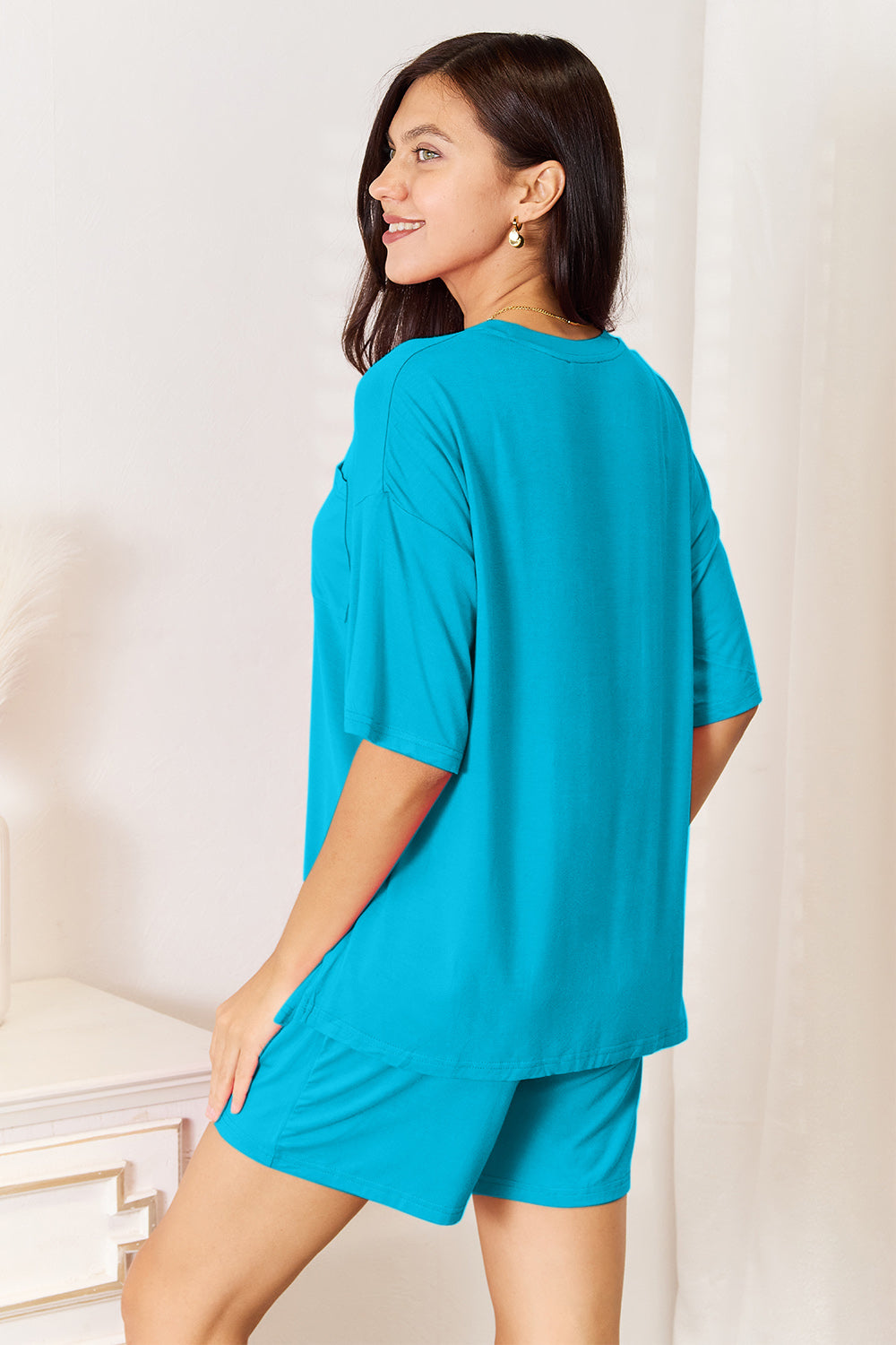 ShopBasicbae Basic Bae soft rayon half sleeve top and shorts set, comfortable loungewear with relaxed fit in natural fabric.