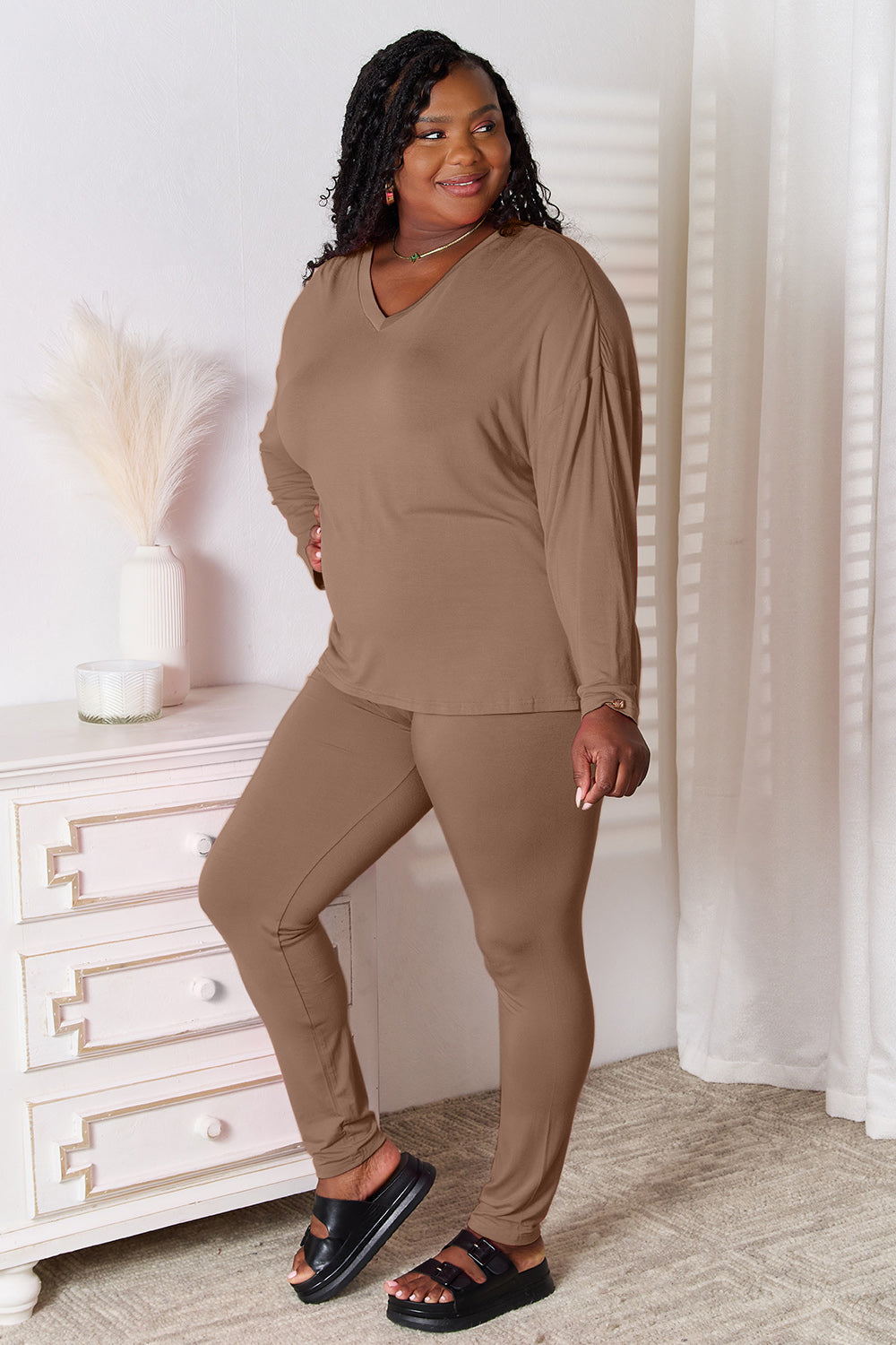 ShopBasicbae Basic Bae lounge set with soft rayon long sleeve V-neck top and matching pants, casual and comfortable sleepwear ensemble.