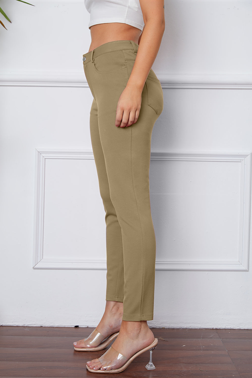 StretchyStitch Pants by Basic Bae, stylish and fitted bottoms in a neutral color, shown on a model for casual wear.