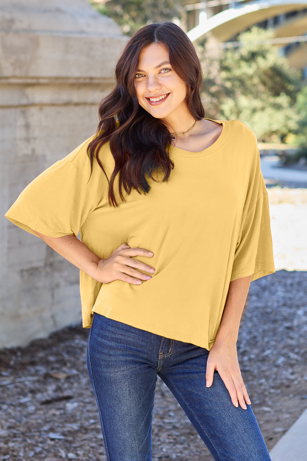 Basic Bae bamboo full-size round neck drop shoulder T-shirt, soft and comfortable bamboo tops in a casual fit, white color.