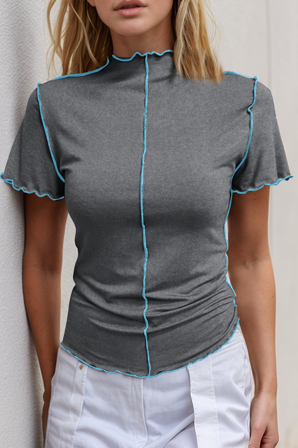 ShopBasicbae contrast trim mock neck short sleeve T-shirt, casual tops with a stylish design and comfortable fit.