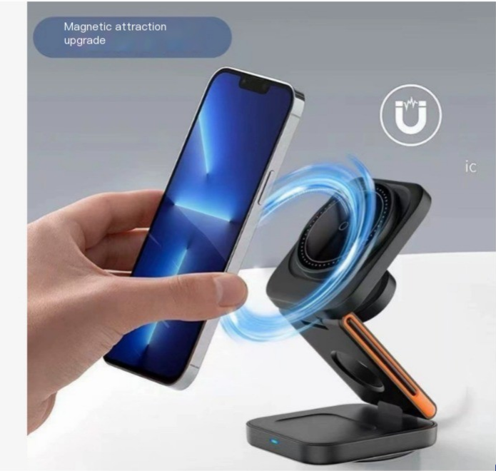 C&M Treasures 3-in-1 folding wireless charger with phone, smartwatch, and earbuds charging pads on a white surface.