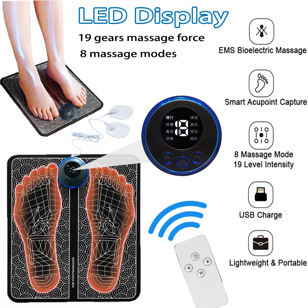 Rechargeable foot massage pad by C&M Treasures showing cushioned surface and control buttons for soothing foot relaxation.