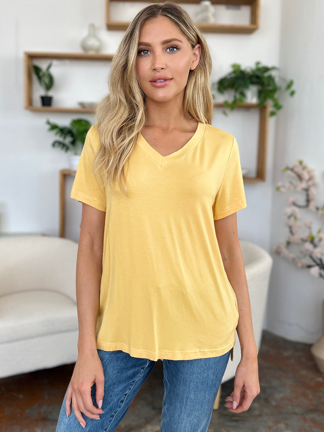 Basic Bae bamboo V-neck high-low T-shirt for women, full size, lightweight and comfortable tops from ShopBasicbae.