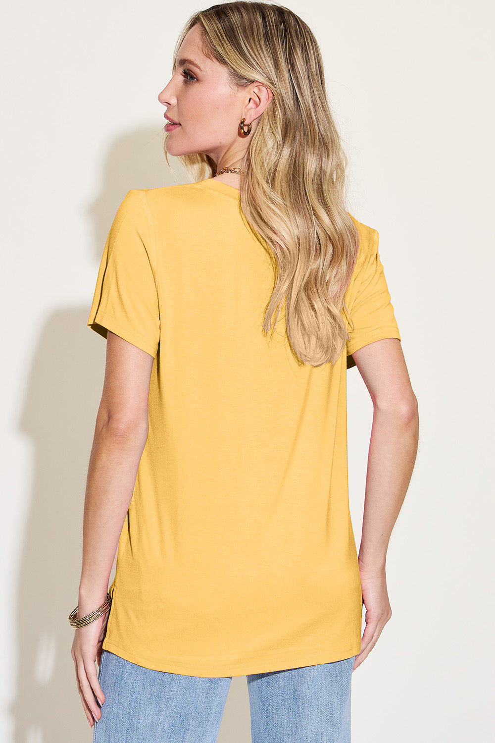 Basic Bae Bamboo V-Neck High-Low T-Shirt, full-size women's tops in natural bamboo fabric, featuring a relaxed fit and stylish high-low hem.