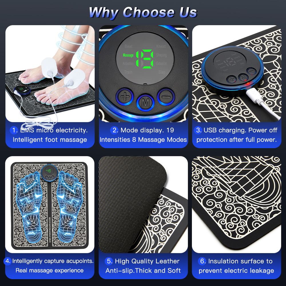 Rechargeable C&M Treasures Foot Massage Pad showing a cushioned, portable device with electric controls for relaxing foot therapy.