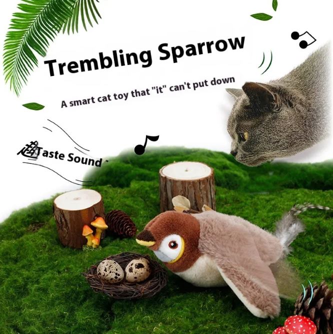 C&M treasures flapping bird cat toy with colorful feathers, designed to entertain cats with motion and sound.