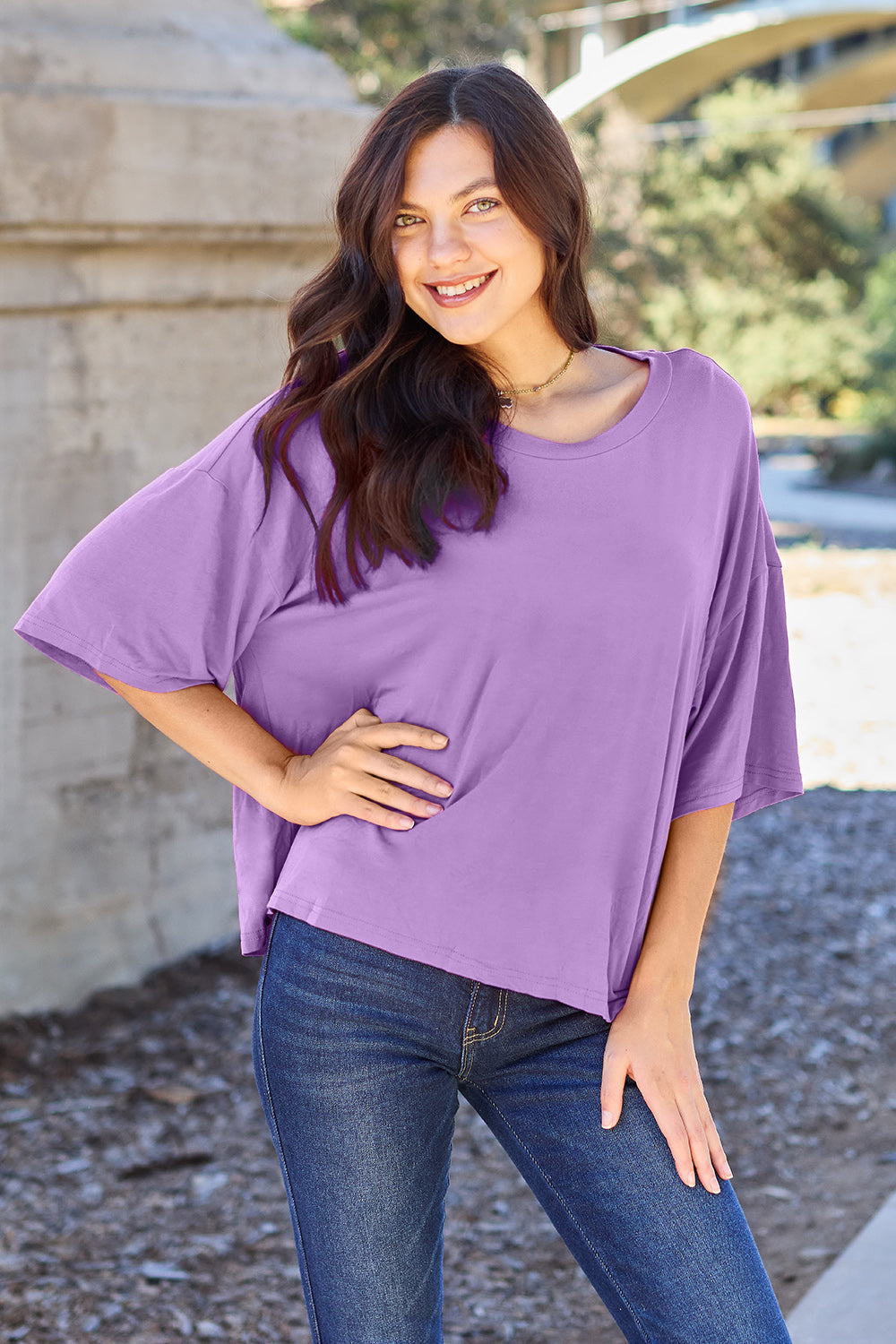 Basic Bae bamboo full-size round neck drop shoulder T-shirt, natural fit, soft fabric, in a neutral color.