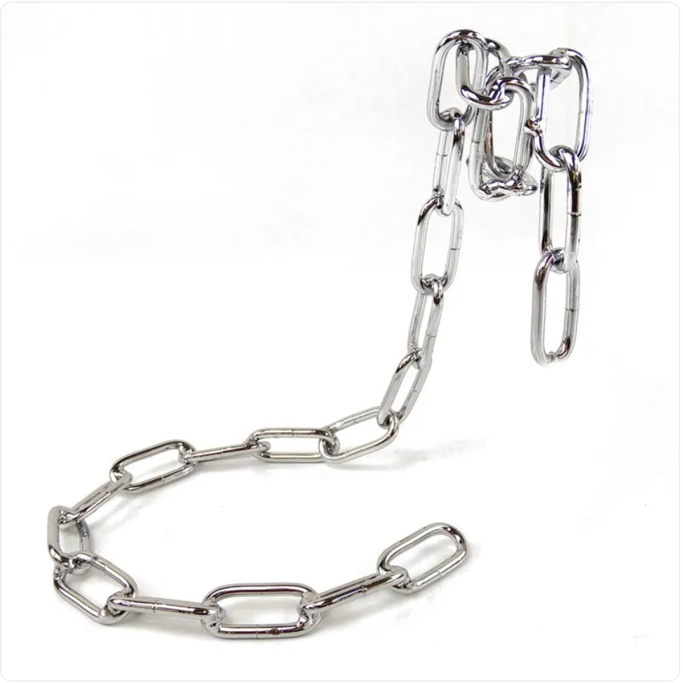 C&M Treasures metal suspension chain wine rack holder with hooks for hanging wine bottles and glasses.