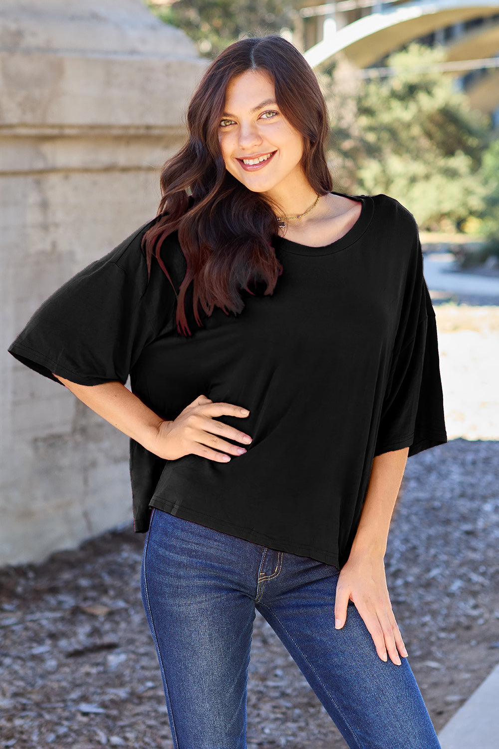 Basic Bae Bamboo full-size round neck drop shoulder T-shirt, natural fabric, relaxed fit, casual tops in neutral color
