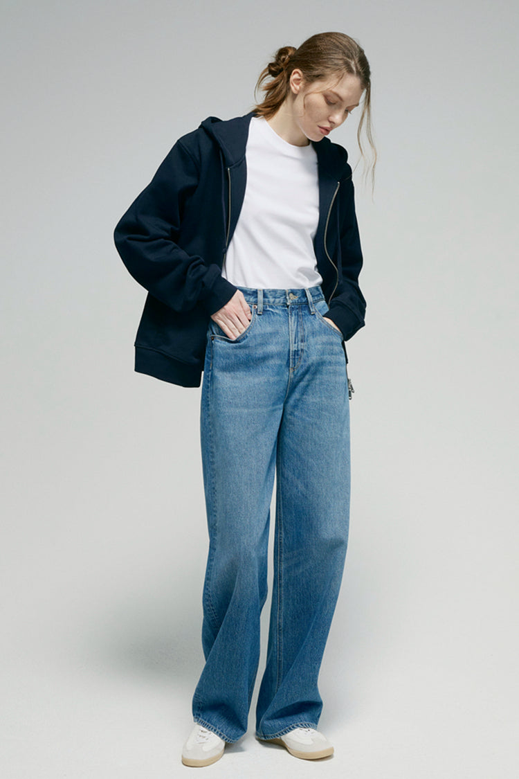 Hey Joanie Arc Jean HJ055 in denim, close-up of textured fabric and stitching detail showing classic jean design