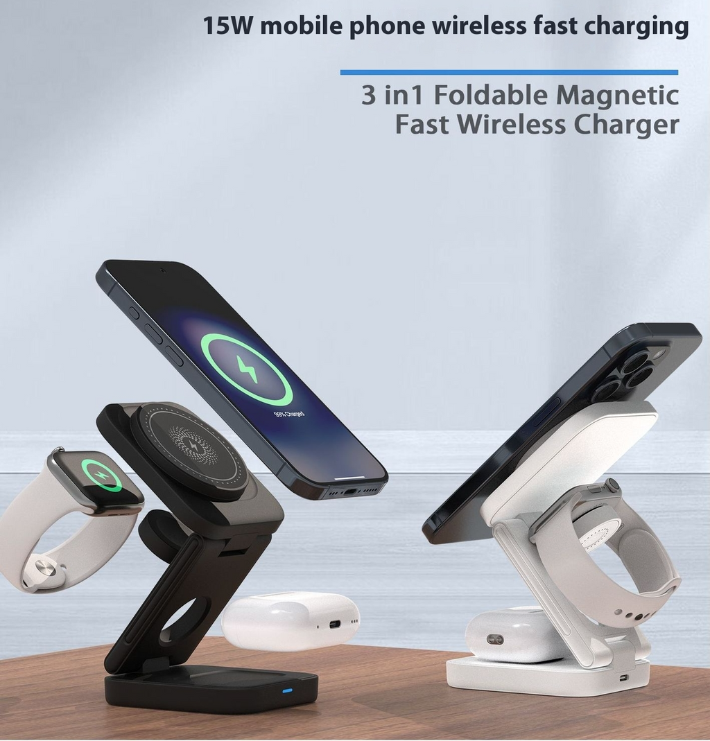 C&M treasures 3-in-1 foldable wireless charger with multiple device charging ports and compact design for convenience