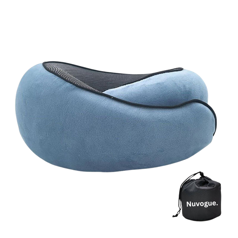C&M treasures SkySoothe-Neck Pillow in soft gray fabric, ergonomic design for comfortable neck support during travel or relaxation.