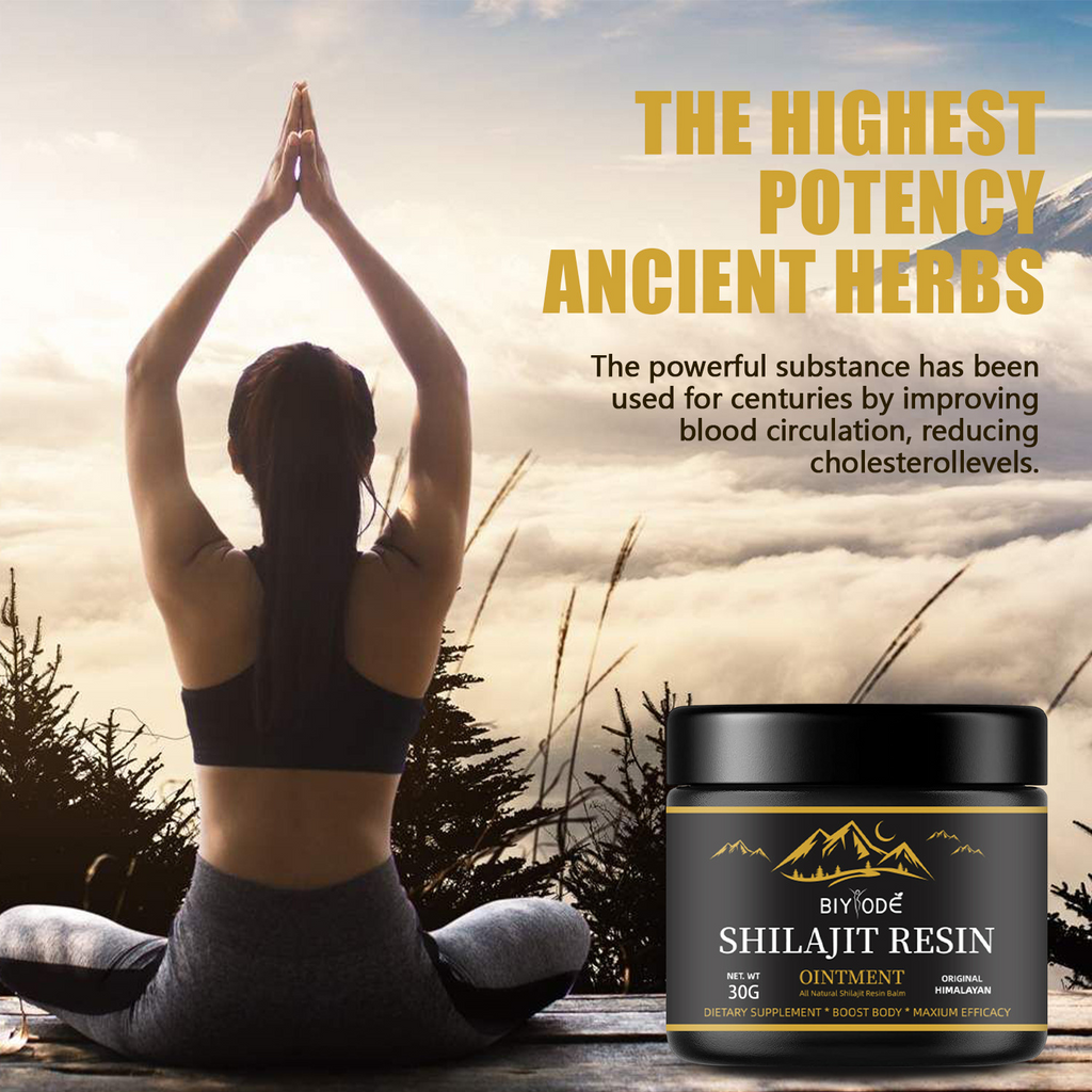 Natural pure Shilajit resin in a small 30g jar from C&M Treasures, showing the dark, sticky mineral extract inside a clear container.