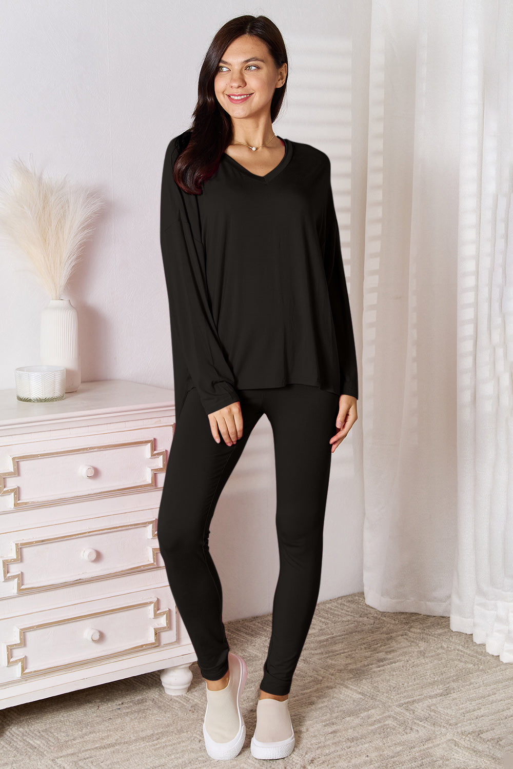ShopBasicbae Basic Bae full size V-neck lounge set with soft rayon long sleeve top and matching pants, comfortable and stylish for relaxing.