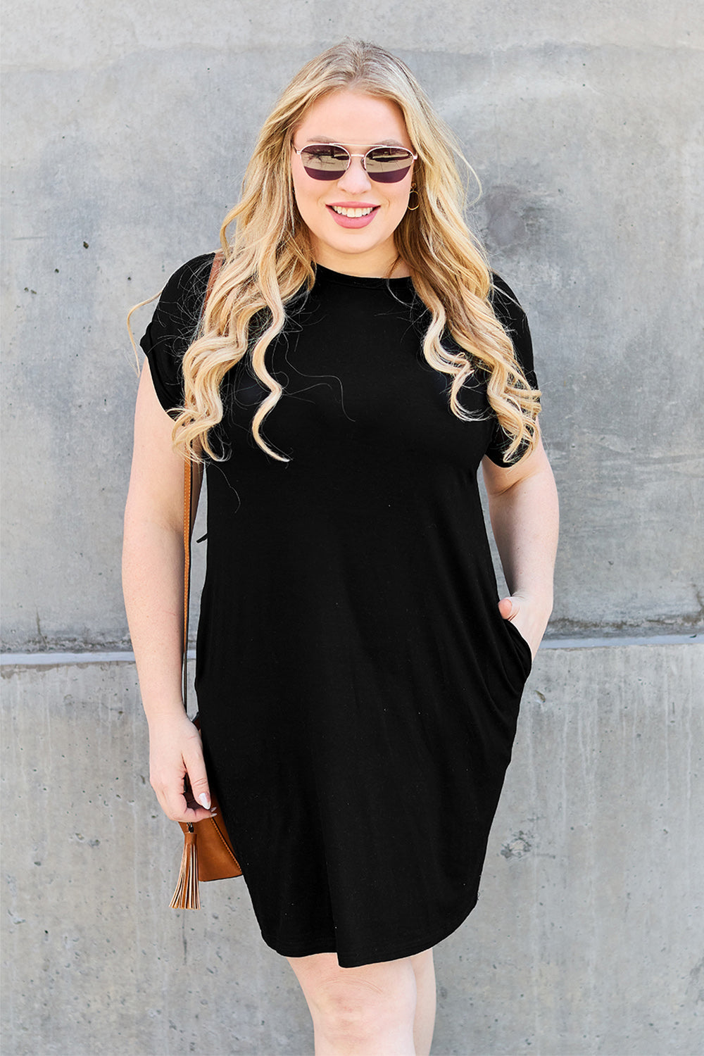 ShopBasicbae Basic Bae bamboo full-size round neck short sleeve dress with pockets, shown in natural fabric and relaxed fit.