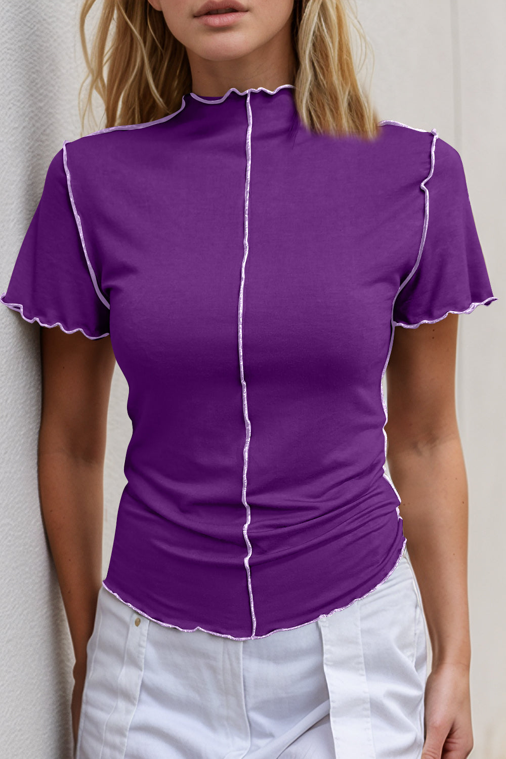ShopBasicbae basic Bae contrast trim mock neck short sleeve T-shirt, lightweight tops with stylish design and comfortable fit.