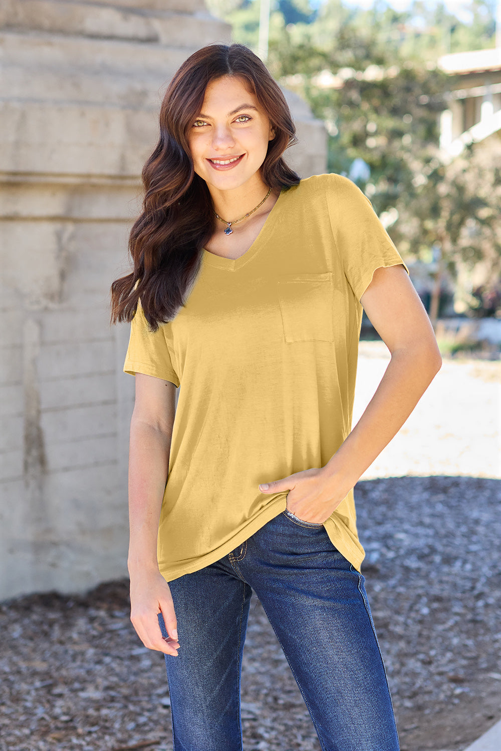 ShopBasicbae Basic Bae bamboo V-neck short sleeve T-shirt, full size, soft and lightweight bamboo fabric, casual top for women.