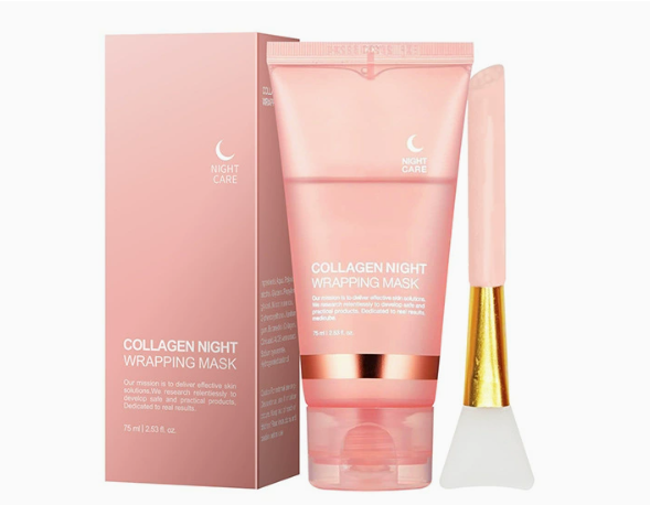 C&M Treasures Hydrating Collagen Peel-Off Mask applied on clean skin, showcasing a clear gel texture for deep moisture and collagen boost.