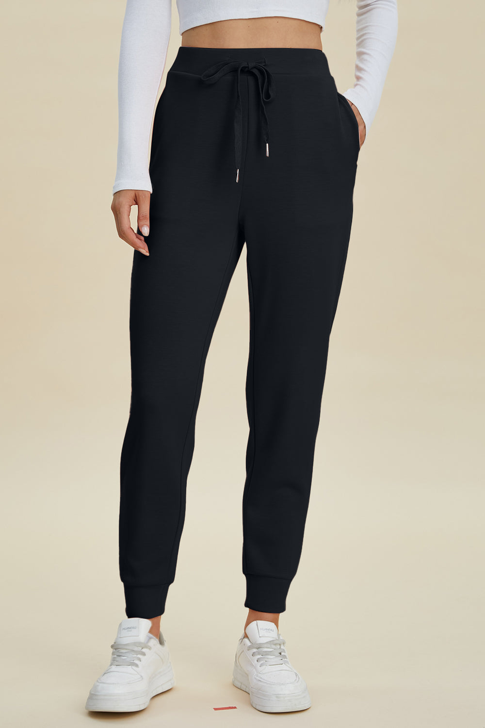 ShopBasicbae Basic Bae full-size air scuba drawstring high waist joggers, black bottoms with elastic waistband and relaxed fit.