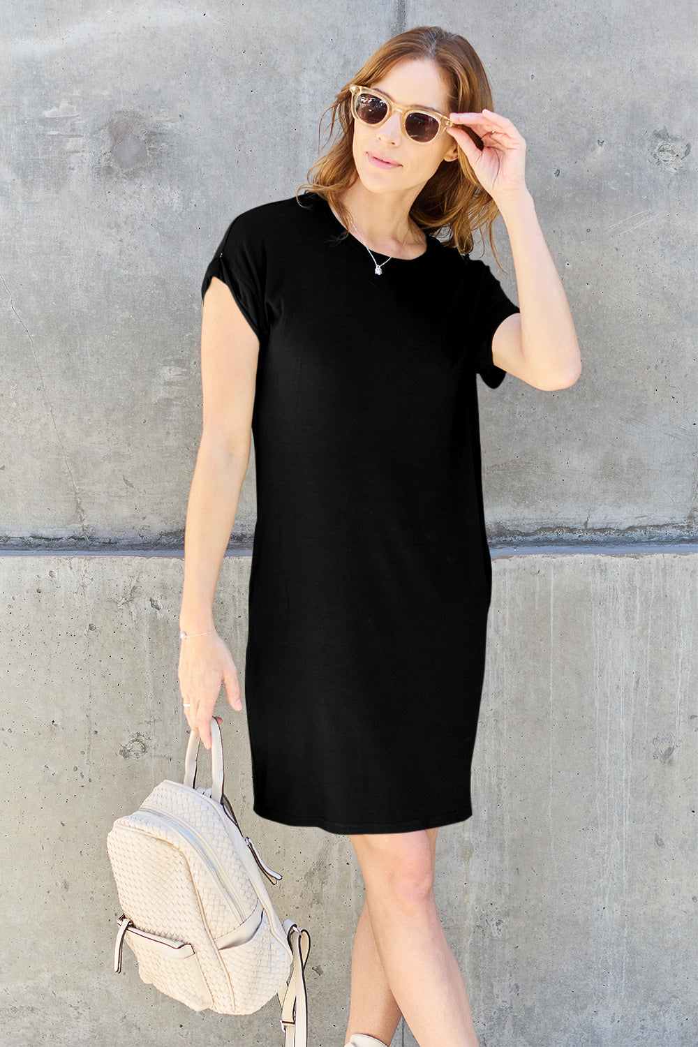 ShopBasicbae Basic Bae bamboo dress with full-size round neck, short sleeves, and pockets, shown in a casual, comfortable fit.