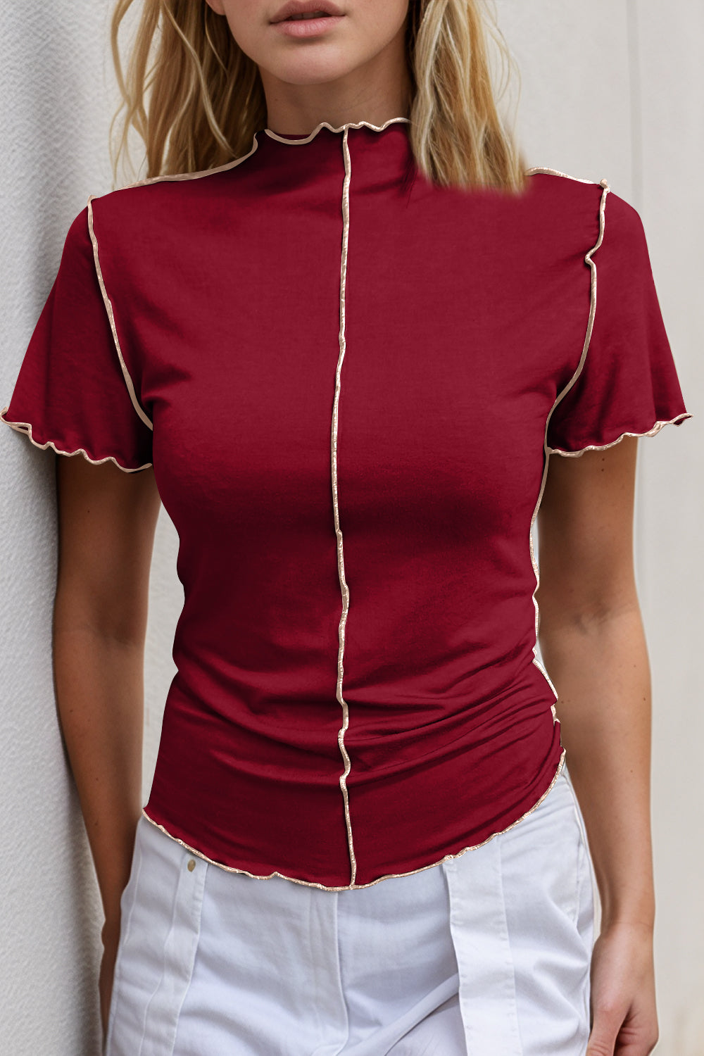 ShopBasicbae Basic Bae contrast trim mock neck short sleeve t-shirt, white with black trim, close-up of fabric and neckline details.