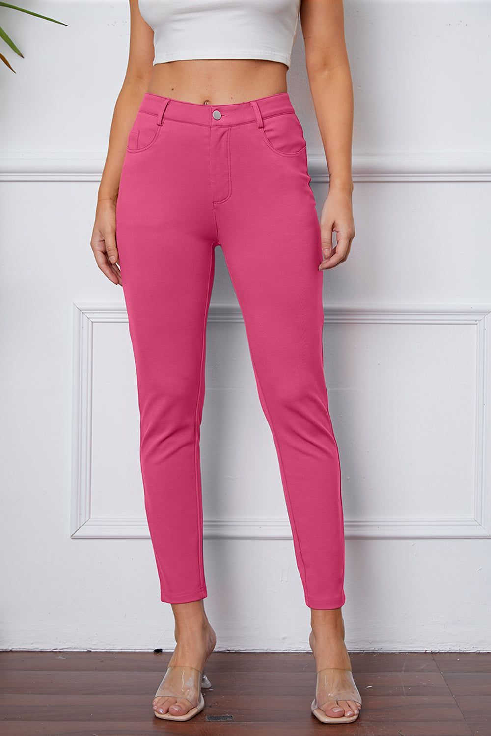 StretchyStitch Pants by Basic Bae, slim-fit stretchy bottoms in neutral fabric with stitching details, displayed flat on a white background.