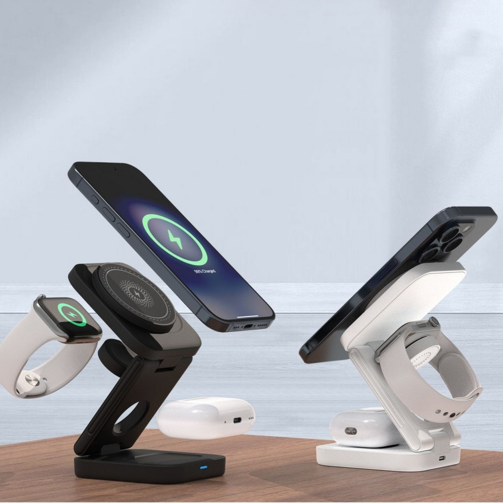 C&M treasures 3-in-1 foldable wireless charger with multiple charging pads and adjustable stand for smartphones and devices.