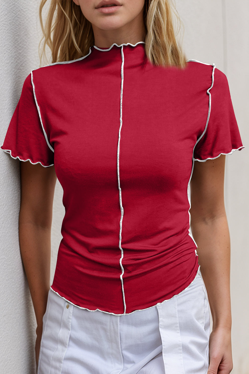 ShopBasicbae Basic Bae contrast trim mock neck short sleeve T-shirt, black with white trim, casual tops for everyday wear