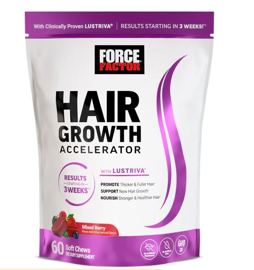C&M Treasures Hair Growth Accelerator Chews featuring natural ingredients in a close-up of the chew supplement container.
